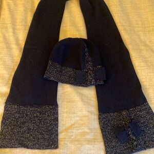 Jacadi Girls Matching Embellished Scarf & Hat Set in Navy / Gold Metallic.